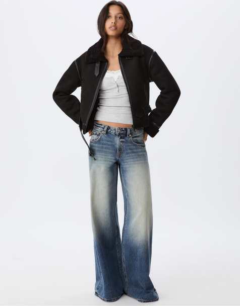 Stradivarius Short faux shearling lined aviator jacket in black - view 1