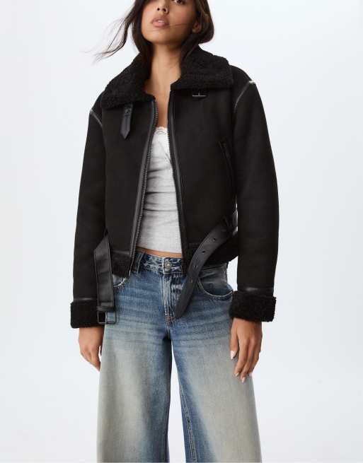 Stradivarius Short faux shearling lined aviator jacket in black ASOS