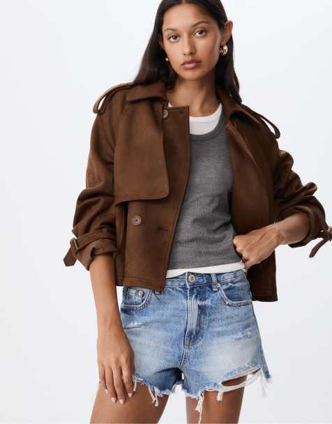 Stradivarius Short faux suede trench coat in brown