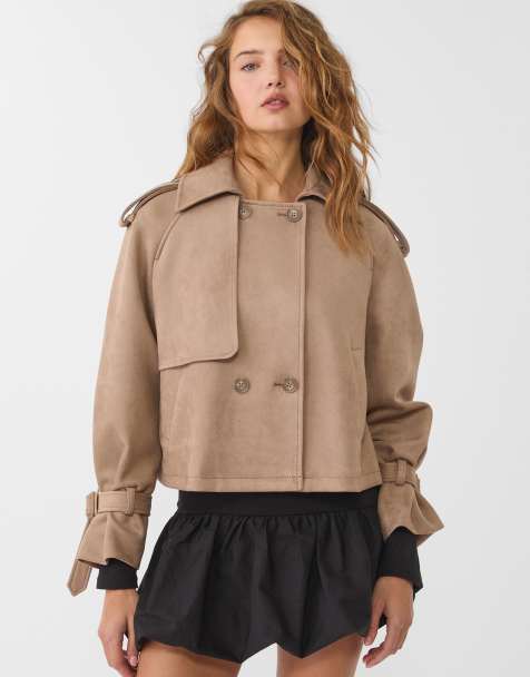 Stradivarius short faux suede trench coat in caramel