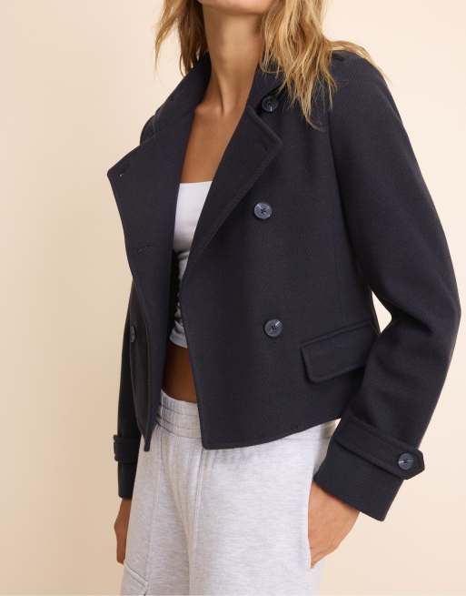 Stradivarius Short fitted buttoned coat in navy blue, 2 of 7