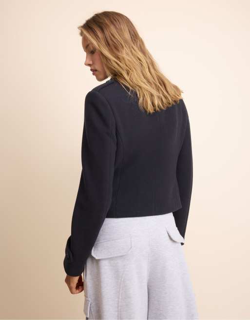 Stradivarius Short fitted buttoned coat in navy blue, 3 of 7
