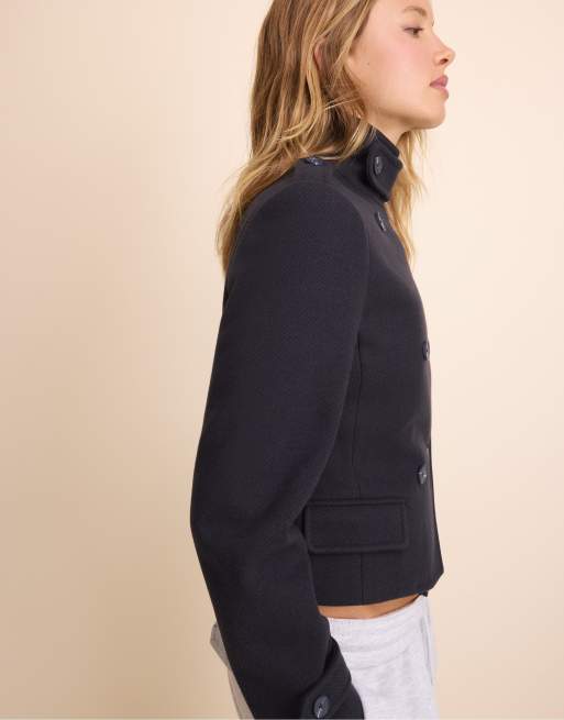 Stradivarius Short fitted buttoned coat in navy blue, 4 of 7