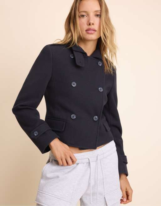 Stradivarius Short fitted buttoned coat in navy blue, 5 of 7