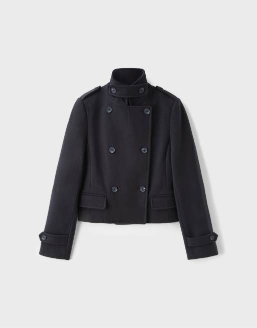 Stradivarius Short fitted buttoned coat in navy blue, 6 of 7
