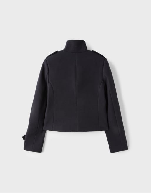 Stradivarius Short fitted buttoned coat in navy blue, 7 of 7