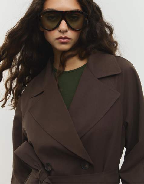 Stradivarius Short flowing trench coat with belt in brown