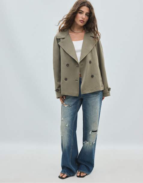 Stradivarius Short flowing trench coat with belt in khaki - view 1
