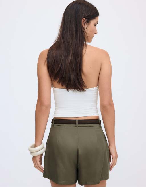Stradivarius - Short fluide avec ceinture - Kaki, 3 de 4