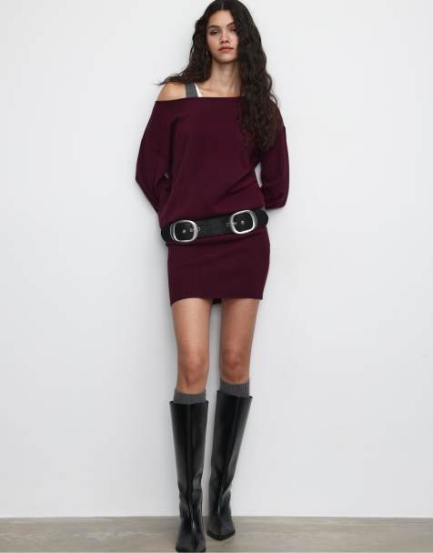 Stradivarius Short knit boat neck dress in aubergine