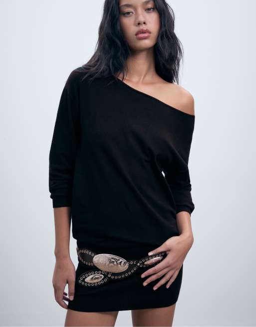 Stradivarius Short knit boat neck dress in black, 2 of 4