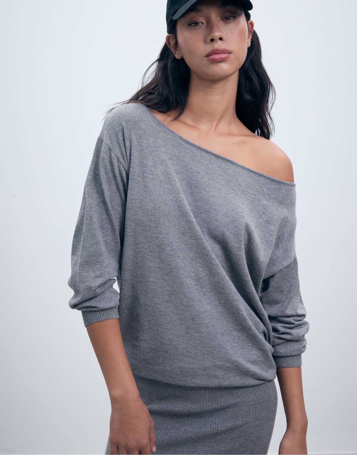 Stradivarius Short knit boat neck dress in dark grey