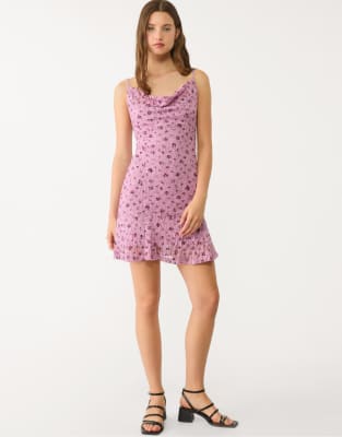 Stradivarius short lace dress with straps in mauve-Purple