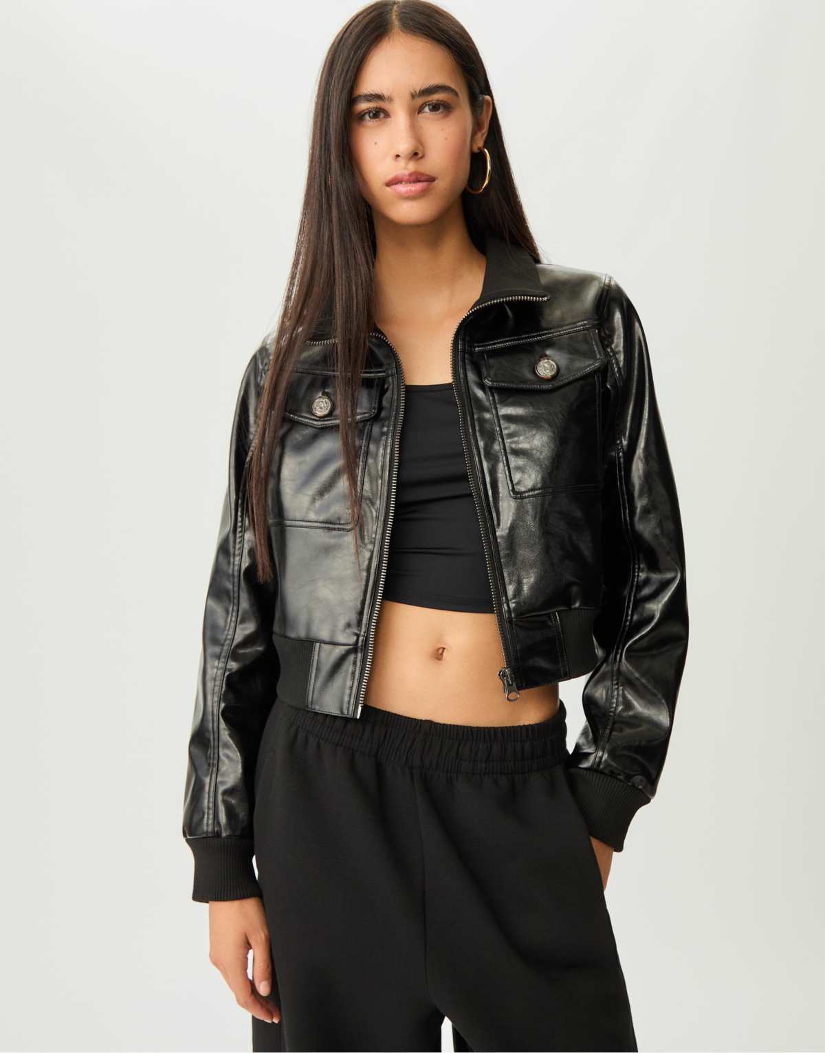 Stradivarius Short leather effect jacket with buttons in black