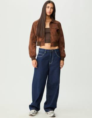 Stradivarius Short Leather Effect Jacket With Pockets In Brown