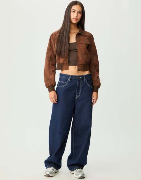 Stradivarius Short leather effect jacket with pockets in brown - view 1