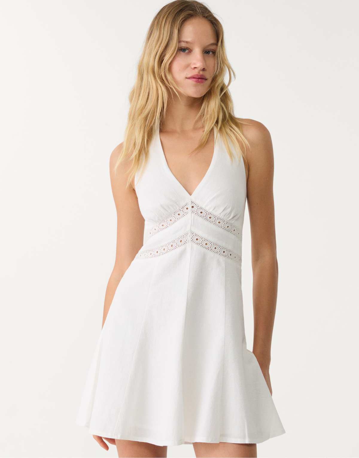 Stradivarius short linen blend halter dress in ecru