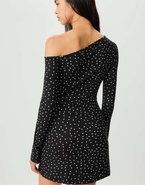 Stradivarius Short polka dot dress in grey denim wash - view 1