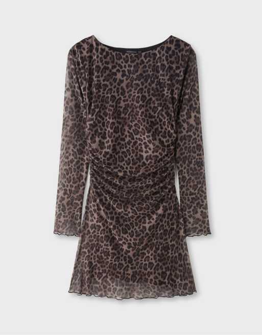 Stradivarius Short printed tulle dress in mid beige, 6 of 7