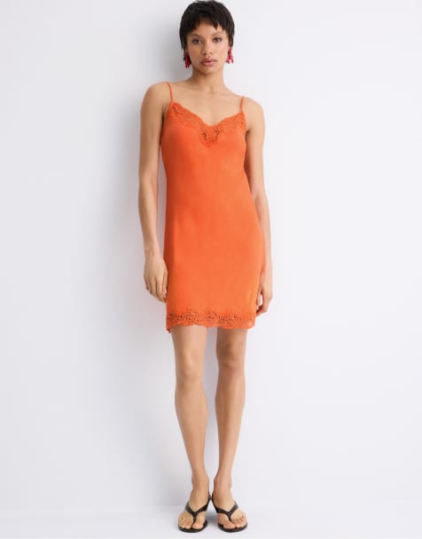 Stradivarius Short rustic lace dress in orange - view 1