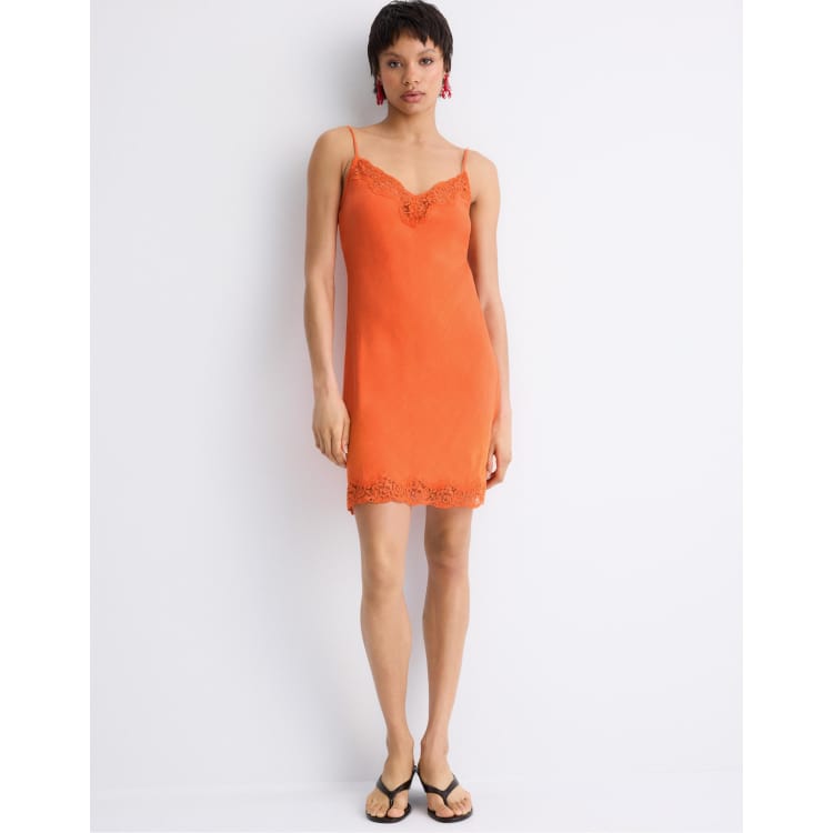 Stradivarius Short rustic lace dress in orange | ASOS