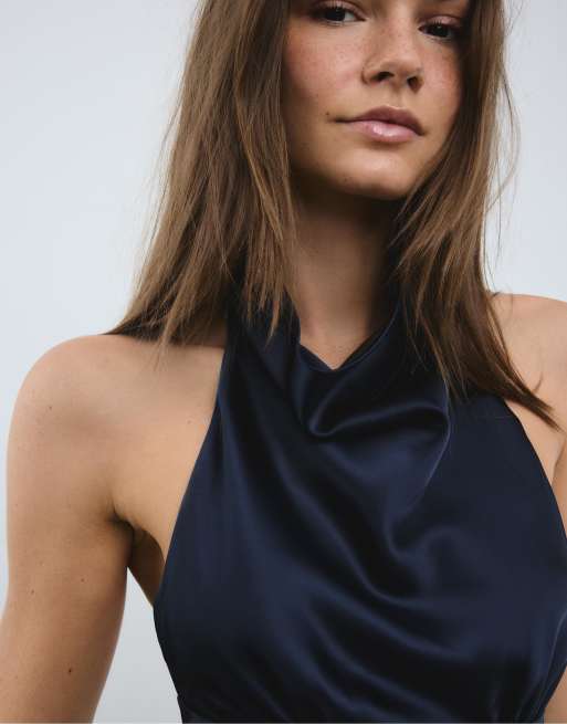 Stradivarius Short satin halter dress in dark blue | ASOS