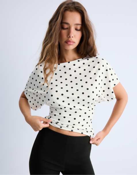Stradivarius Short sleeve boat neck t-shirt in polka dot - view 1