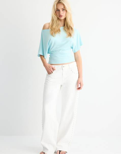 Stradivarius Short sleeve boat neck t-shirt in turquoise - view 1