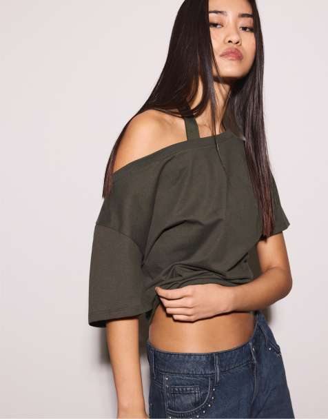 Stradivarius Short sleeve boat neck t-shirt with gathers in brown - view 1