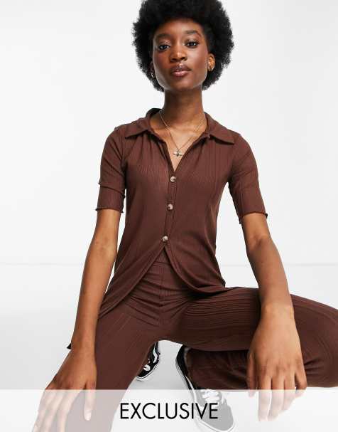 Stradivarius short sleeve button detail polo co-ord in brown  - view 1