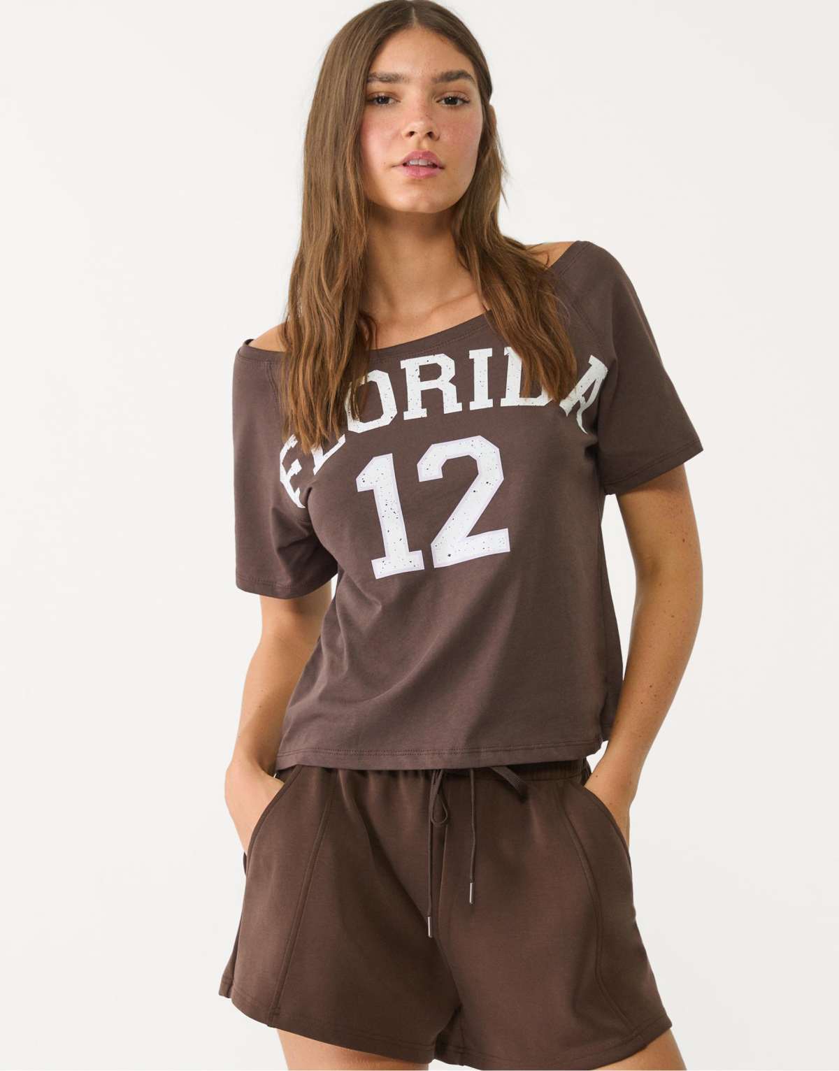 Stradivarius short sleeve florida t-shirt in brown