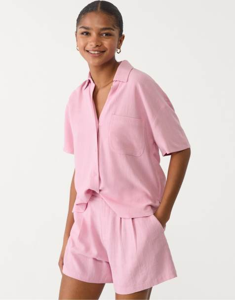 Stradivarius Short sleeve linen blend shirt in pastel pink - view 1