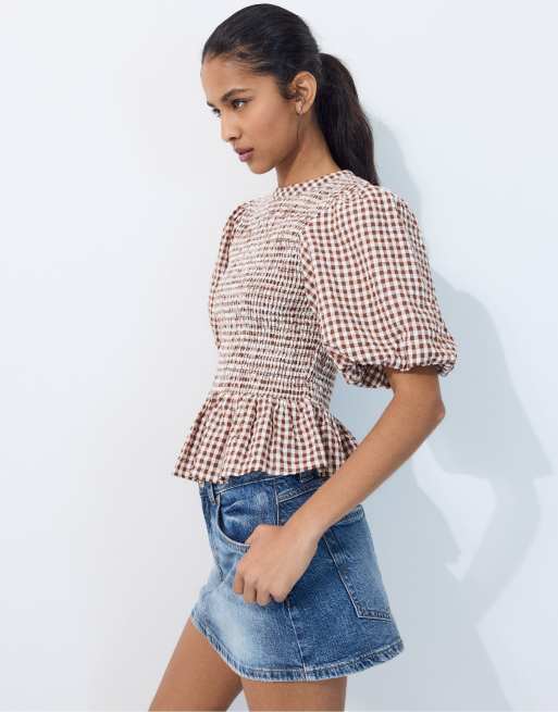 Stradivarius Short sleeve peplum blouse in brown, 2 of 7