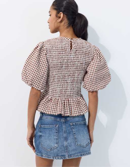 Stradivarius Short sleeve peplum blouse in brown, 3 of 7