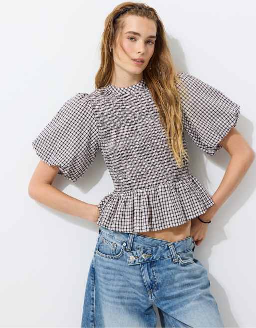 Stradivarius Short sleeve peplum blouse in ecru, 5 of 7