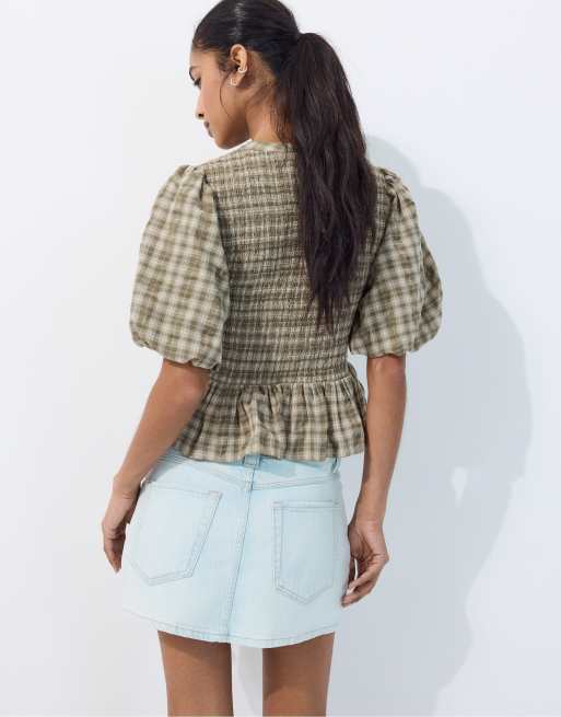 Stradivarius Short sleeve peplum blouse in khaki, 3 of 7