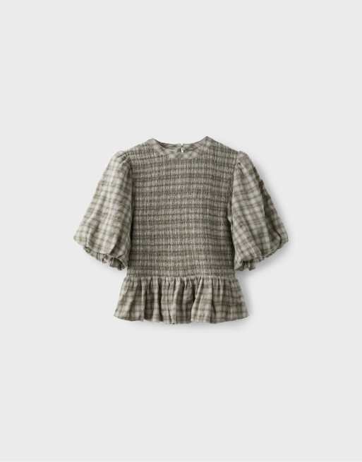 Stradivarius Short sleeve peplum blouse in khaki, 6 of 7