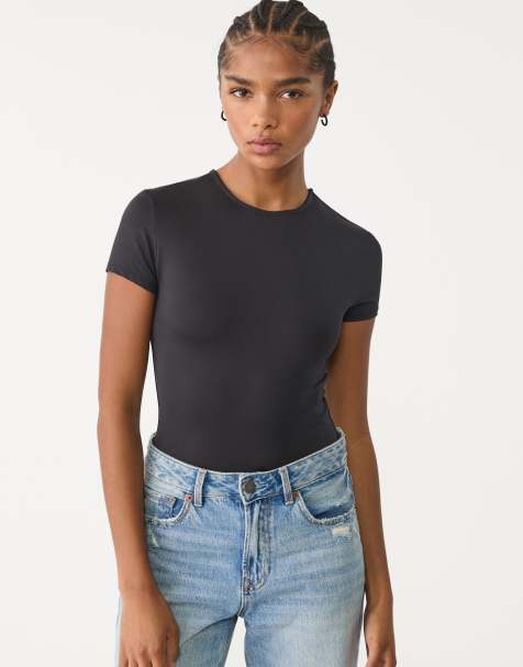 Stradivarius short sleeve polyamide bodysuit in black - view 1