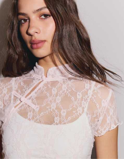 Stradivarius Short sleeve qipao style t-shirt in pastel pink - view 1