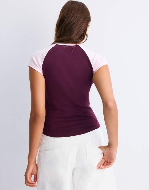 Stradivarius Short sleeve raglan t-shirt in dark purple, 3 of 7