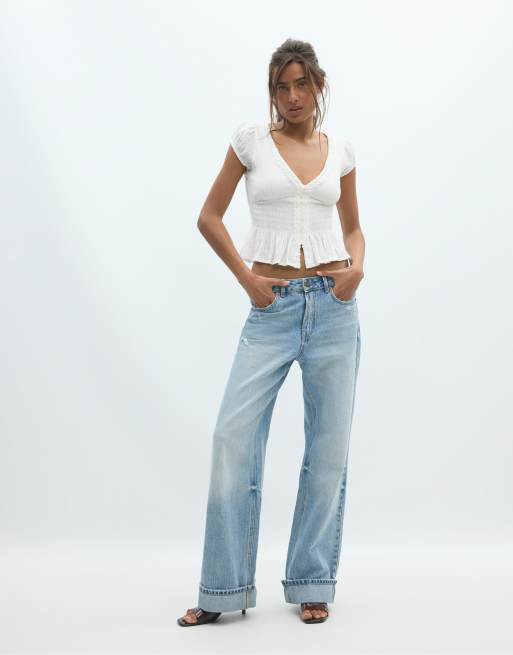 Stradivarius Short sleeve shirred shirt in white, 4 of 4
