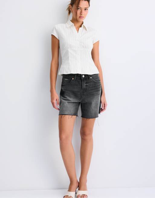 Stradivarius Short sleeve shirt with underbust seam in ecru, 3 of 6