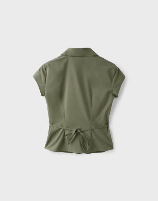 Stradivarius Short sleeve shirt with underbust seam in khaki, 7 of 7