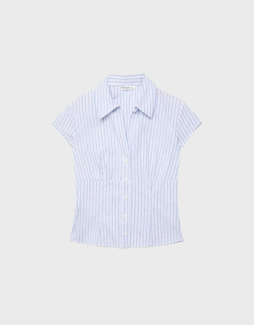 Stradivarius Short sleeve shirt with underbust seam in sky blue, 6 of 7
