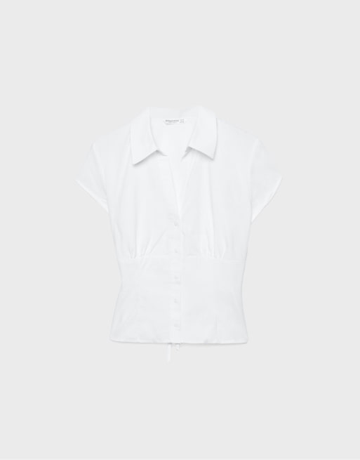 Stradivarius Short sleeve shirt with underbust seam in white, 6 of 7