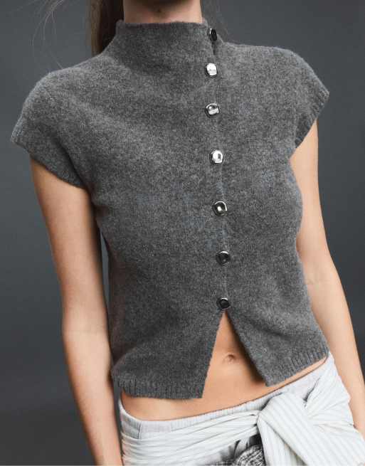 Stradivarius Short-sleeve stand-collar knit jumper in dark grey, 4 of 7