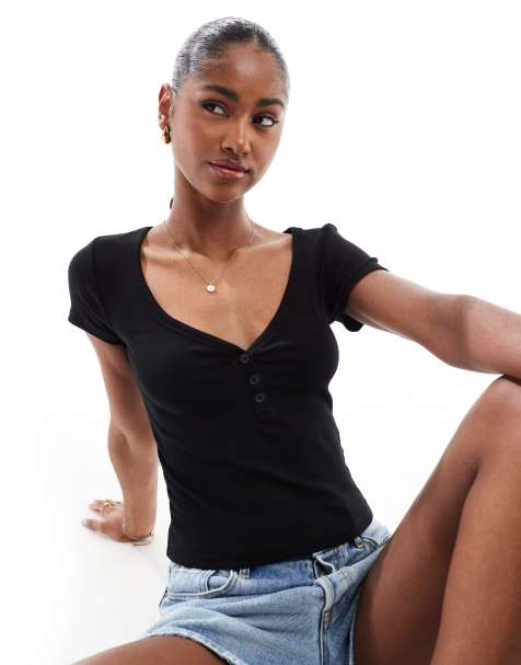 Stradivarius short sleeve t-shirt with buttons in black