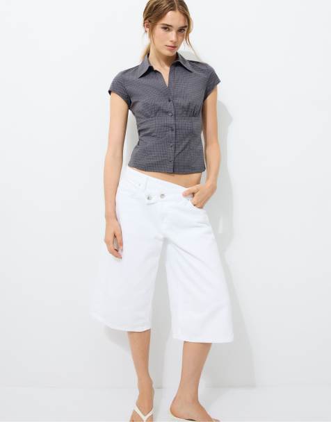 Stradivarius Short sleeve under-bust seam shirt in dark grey - view 1