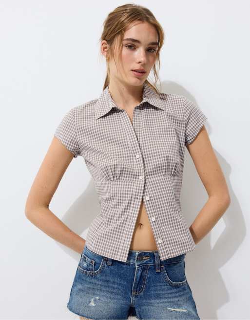 Stradivarius Short sleeve under-bust seam shirt in khaki, 5 of 7