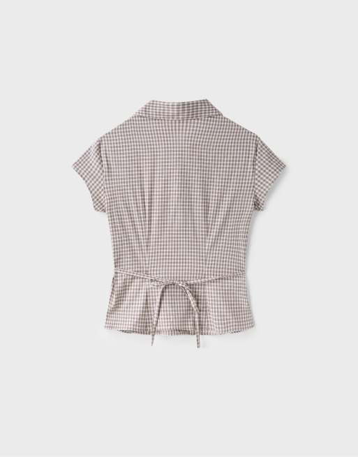 Stradivarius Short sleeve under-bust seam shirt in khaki, 7 of 7